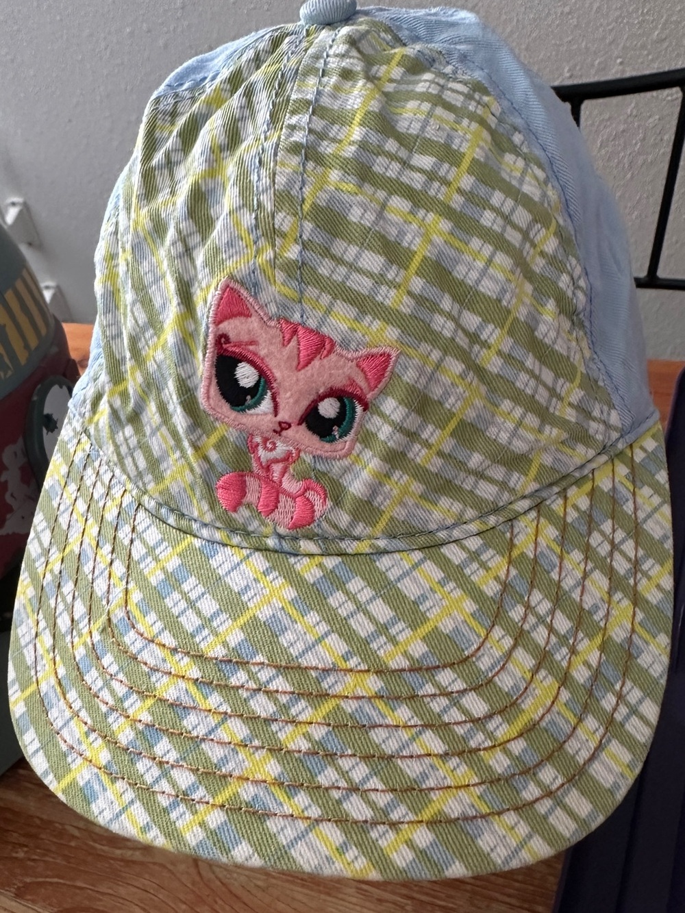 Vintage 2008 Littlest Pet Shop LPS Light Blue Green Plaid Hat Cap w/Pink Kitty